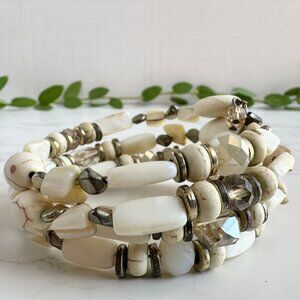 Handmade White & Gold Memory Wire Glass Bead Bracelet